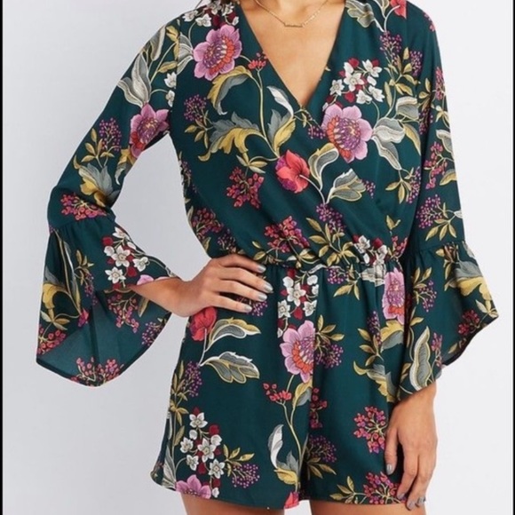 Charlotte Russe Pants - Forest Green floral bell sleeve v neck romper